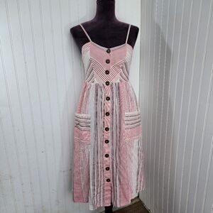 Japna Women's White Red Casual Dress Linen Cotton Striped Button Sweetheart Sz S